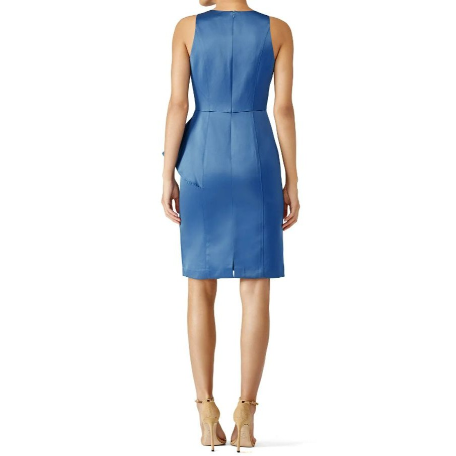Shoshanna Elisa Dress Sz 10 Blue Satin Sheath Ruffle Cocktail Wedding Guest Nwt — image 4 of 8